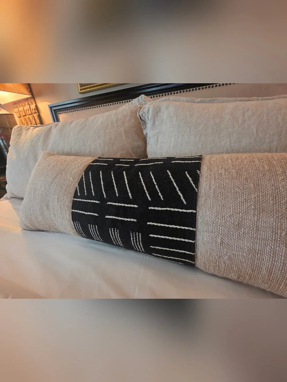 African Mud Cloth And Linen Neutral Beige and Black Decorative Lumbar Pillow